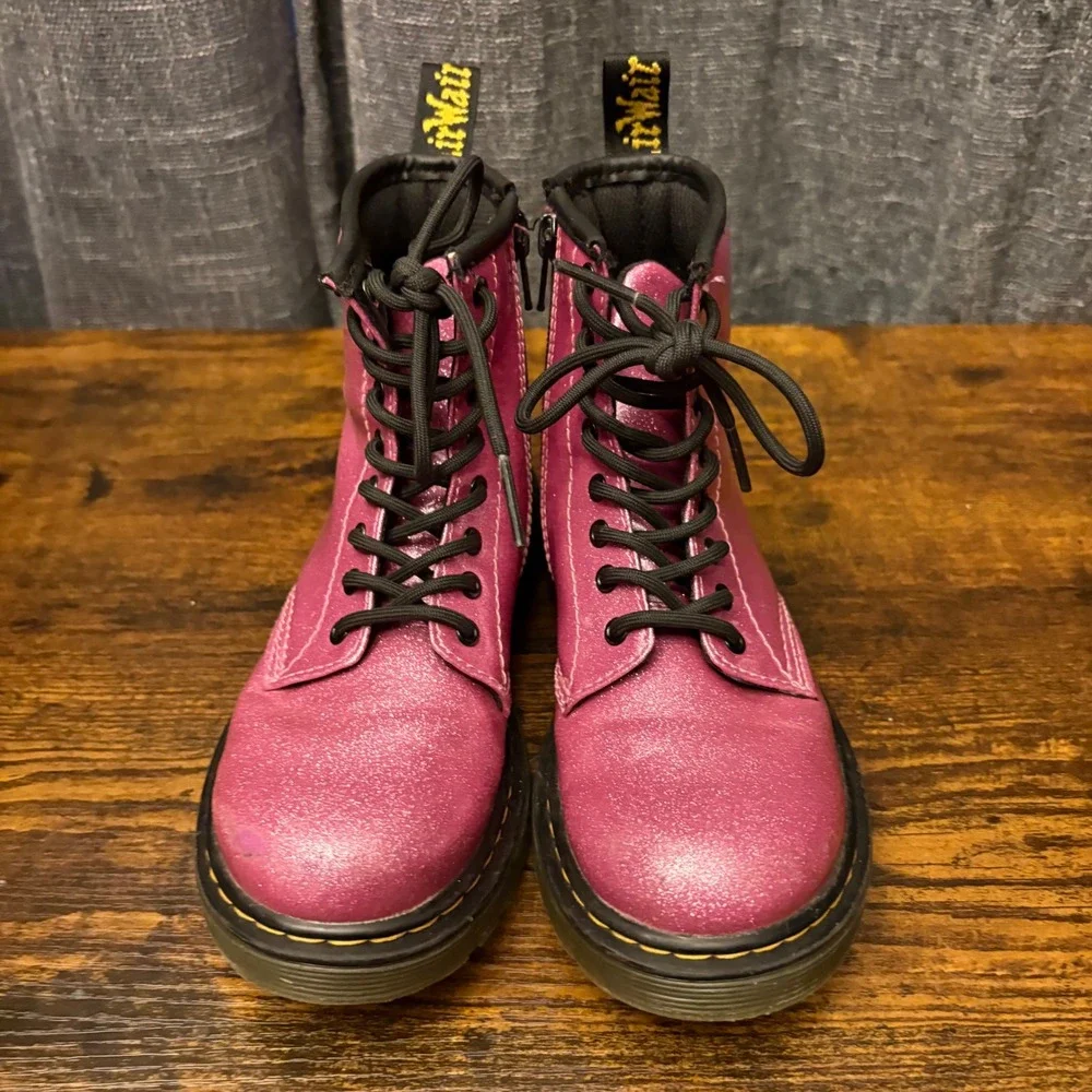 Dr Martens 1460 Glitter Junior Pink Sparkle Lace Up Side Zip Boots (Kids Size 1)